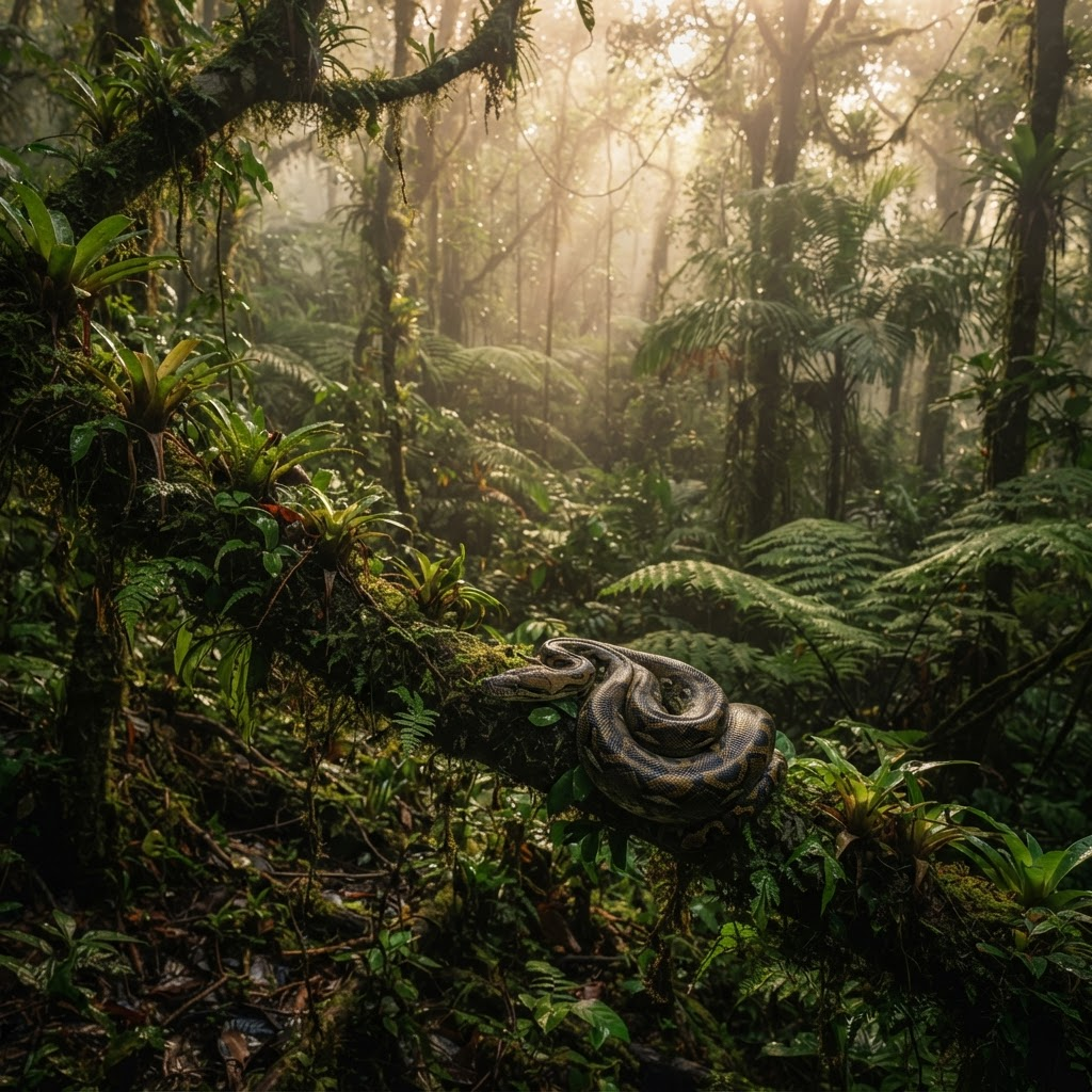 Ular piton melingkar di dahan hutan tropis yang rimbun